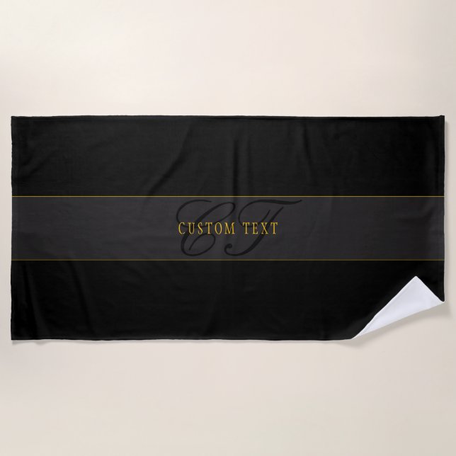 Elegant Script Monogram Black & Gold Beach Towel (Front)