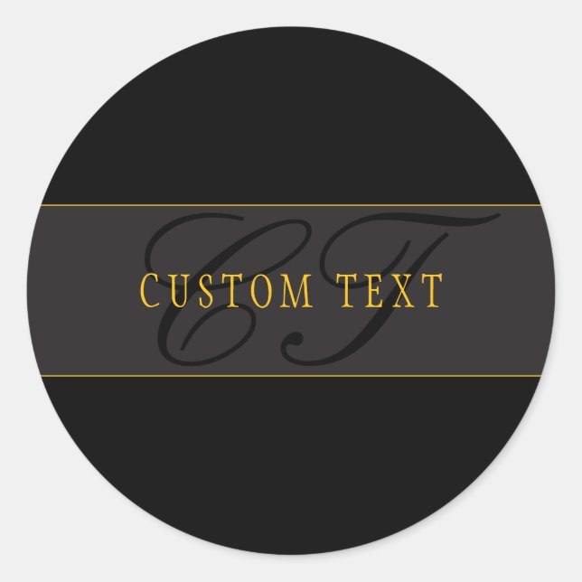 Elegant Script Monogram Black & Gold Classic Round Sticker (Front)