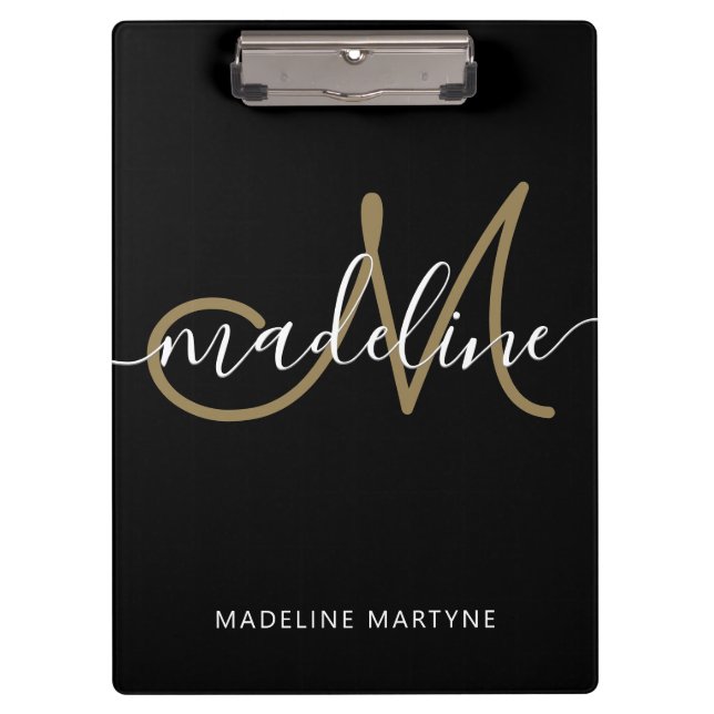 Elegant Script Monogram Black Gold Clipboard (Front)