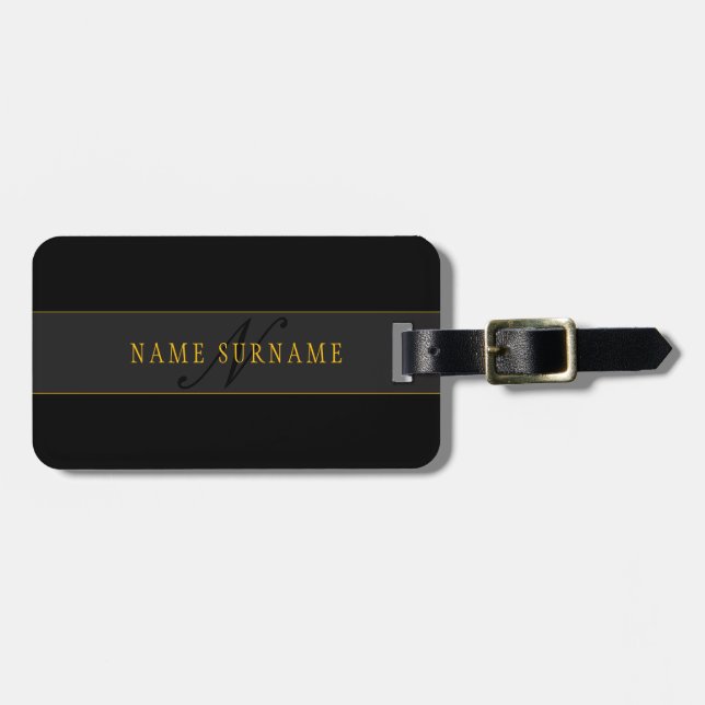 Elegant Script Monogram Black & Gold Luggage Tag (Front Horizontal)