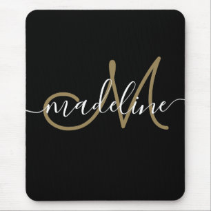 Elegant Script Monogram Black Gold Mouse Pad