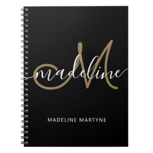 Elegant Script Monogram Black Gold Notebook