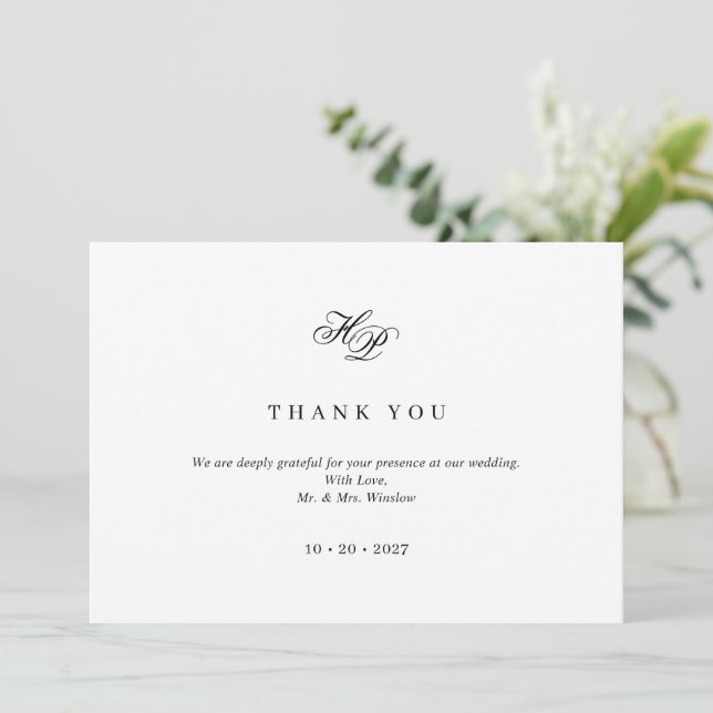 Elegant Script Monogram Black & White Wedding Thank You Card (Standing Front)