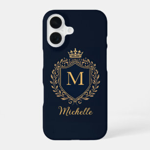Elegant script Monogram Custom Luxury Black Gold iPhone 16 Case