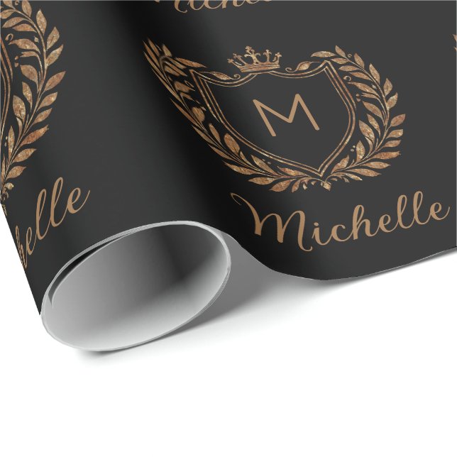 Elegant script Monogram Custom Luxury Black Gold   Wrapping Paper (Roll Corner)