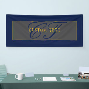 Elegant Script Monogram Dark Navy Blue Grey & Gold Banner