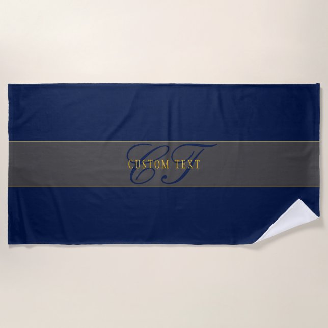 Elegant Script Monogram Dark Navy Blue Grey & Gold Beach Towel (Front)