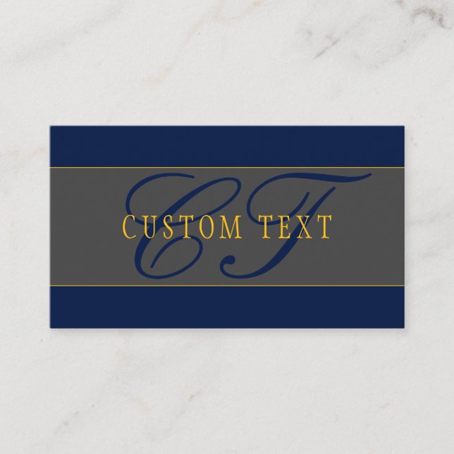 Elegant Script Monogram Dark Navy Blue Grey & Gold Business Card (Front)