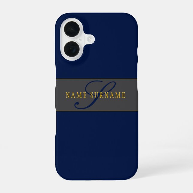 Elegant Script Monogram Dark Navy Blue Grey & Gold iPhone 16 Case (Back)