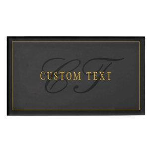 Elegant Script Monogram Dark Navy Blue Grey & Gold Name Tag