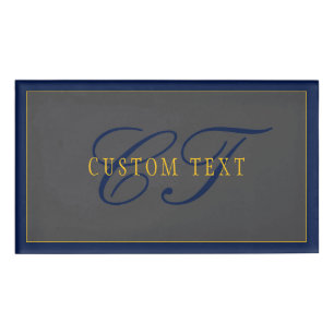 Elegant Script Monogram Dark Navy Blue Grey & Gold Name Tag