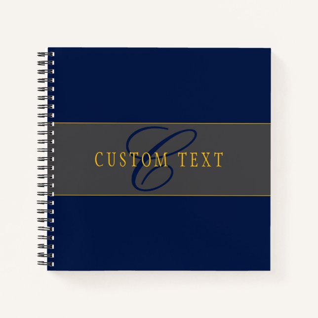 Elegant Script Monogram Dark Navy Blue Grey & Gold Notebook (Front)