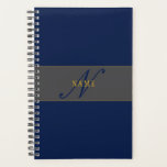 Elegant Script Monogram Dark Navy Blue Grey & Gold Planner<br><div class="desc">Elegant looking,  monogram styled design. Customise as you like!</div>