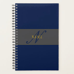 Elegant Script Monogram Dark Navy Blue Grey & Gold Planner