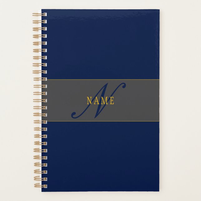 Elegant Script Monogram Dark Navy Blue Grey & Gold Planner (Front)