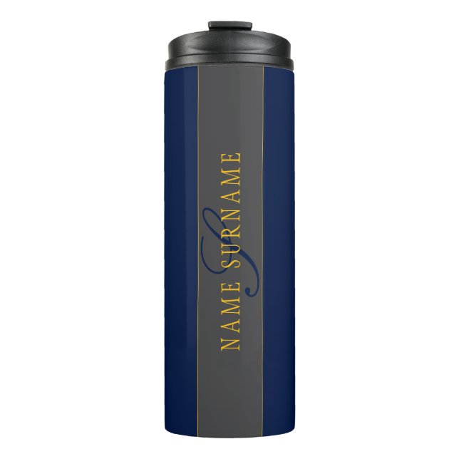 Elegant Script Monogram Dark Navy Blue Grey & Gold Thermal Tumbler (Front)