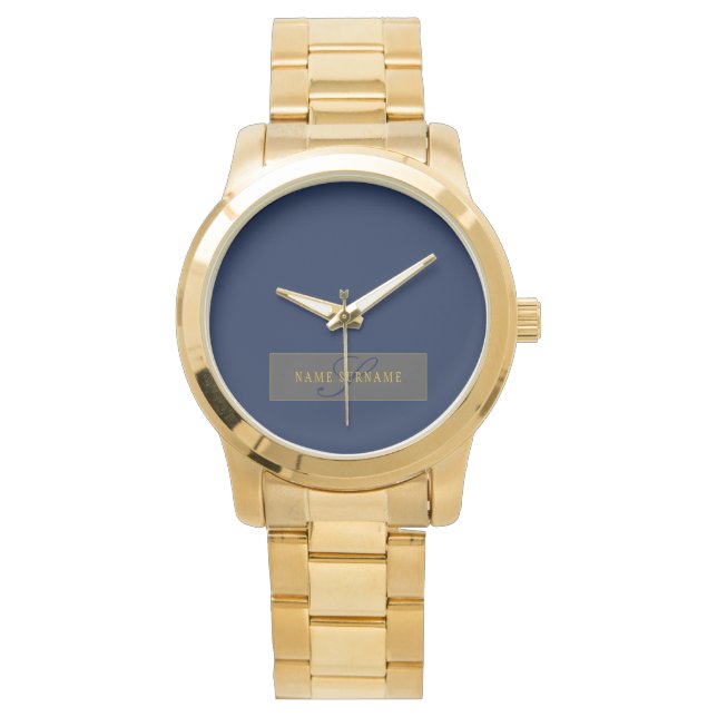 Elegant Script Monogram Dark Navy Blue Grey & Gold Watch (Front)