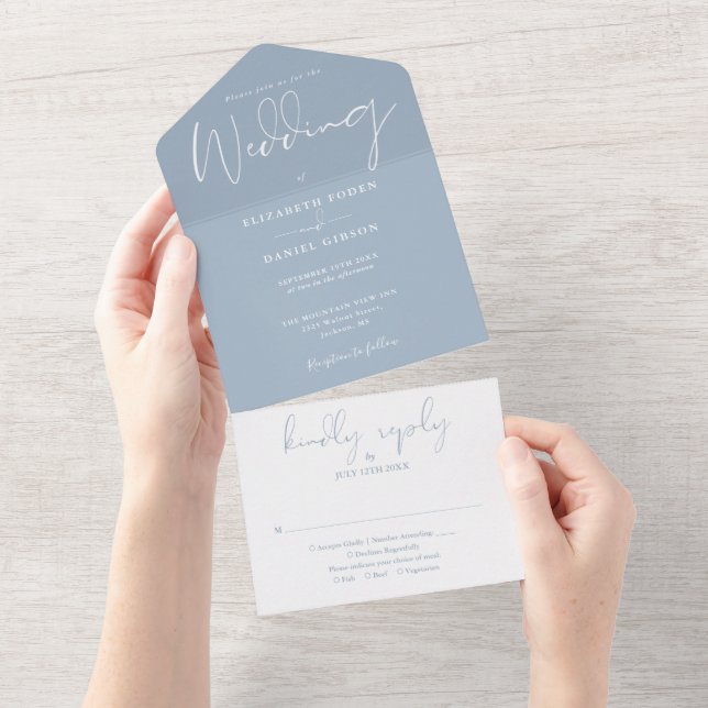 Elegant Script Monogram Dusty Blue Wedding All In One Invitation (Tearaway)