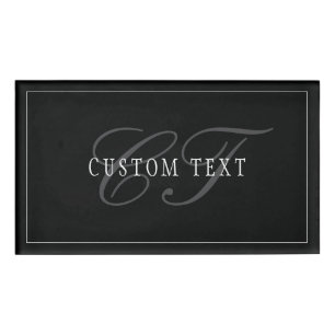 Elegant Script Monogram Editable Black Grey White Name Tag