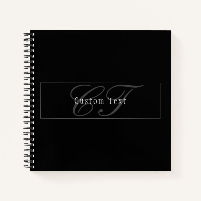 Elegant Script Monogram Editable Black Grey White Notebook (Front)