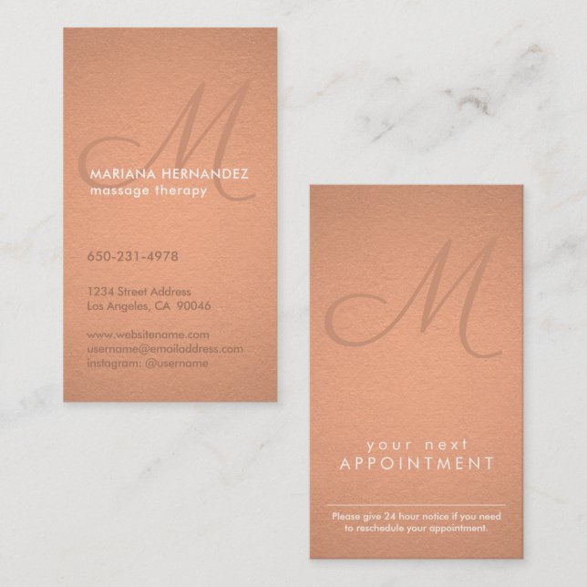 Elegant Script Monogram Faux Copper Foil Vertical Appointment Card (Front/Back)