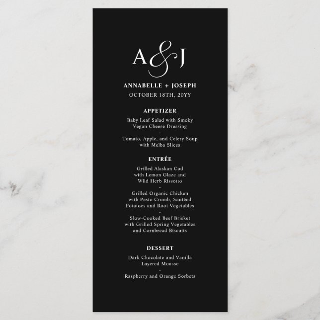 Elegant Script Monogram Formal Black Wedding Menu (Front)
