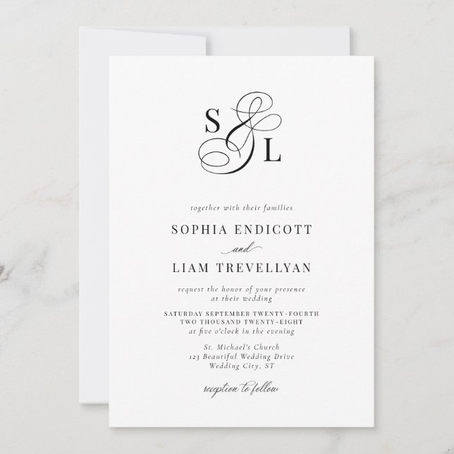 Elegant Script Monogram Formal Wedding Invitation (Front)
