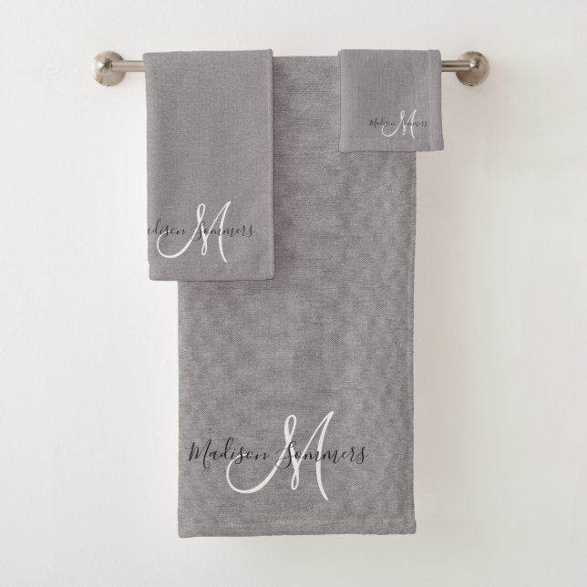 Elegant Script Monogram Grey Linen Effect Towel (Insitu)