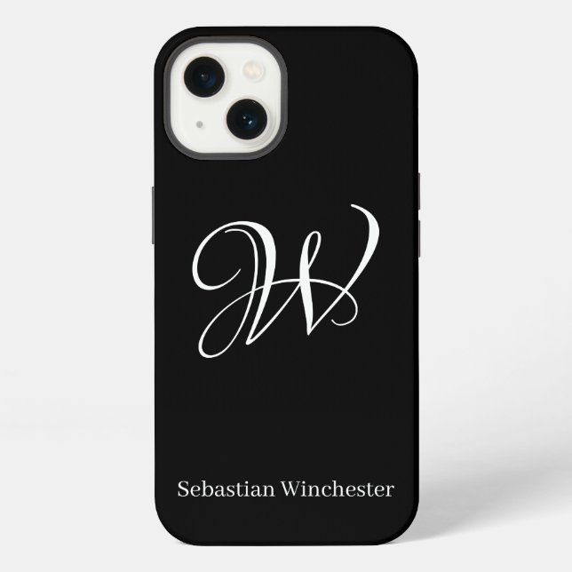 Elegant script monogram initial name plain black iPhone case (Back)
