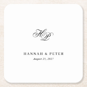 Elegant Script Monogram Initials Minimal Wedding Square Paper Coaster