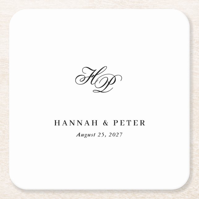Elegant Script Monogram Initials Minimal Wedding Square Paper Coaster (Front)