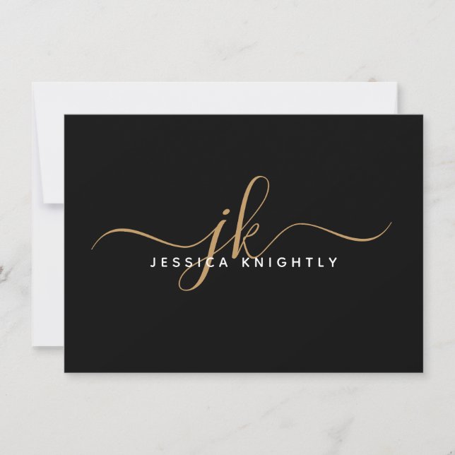 Elegant Script Monogram Initials Name Black Gold Card (Front)
