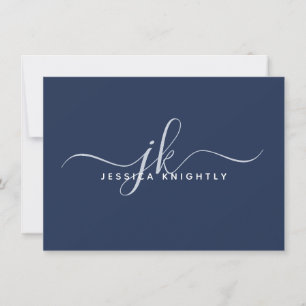Elegant Script Monogram Initials Name Navy Blue Card