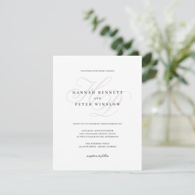 Elegant Script Monogram Initials White Wedding Invitation (Standing Front)