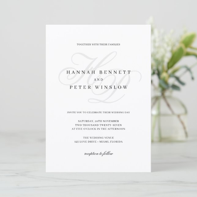 Elegant Script Monogram Initials White Wedding Invitation (Standing Front)