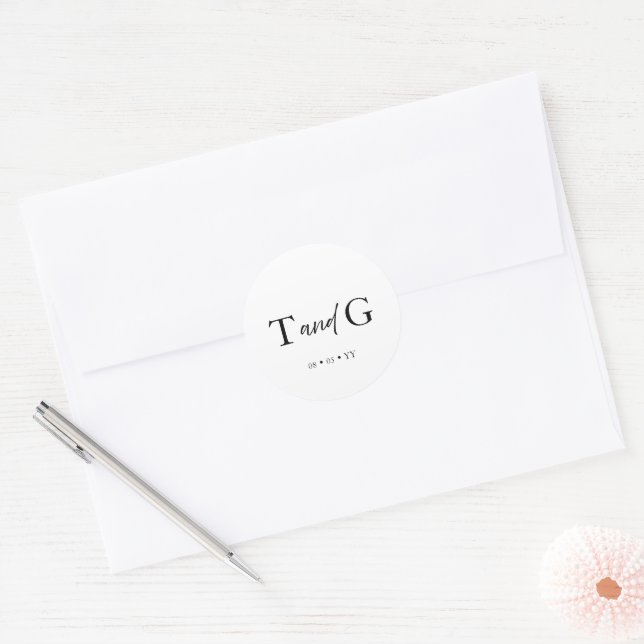 Elegant Script Monogram Minimal White Wedding Classic Round Sticker (Envelope)