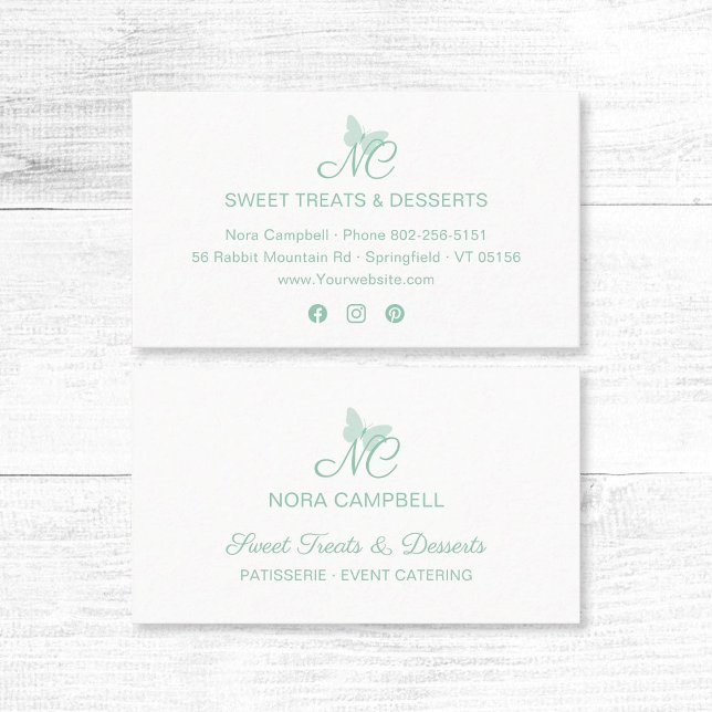 Elegant Script Monogram Mint Green Butterfly Business Card (Modern, elegant mint green typography, butterfly monogram business card with social media icons.)