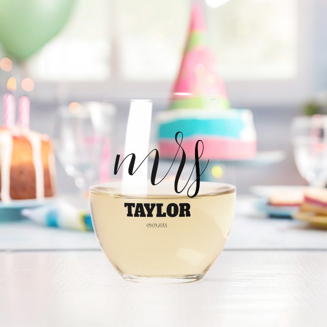 Elegant Script Monogram Mrs Wedding  Stemless Wine Glass (Insitu (Birthday))
