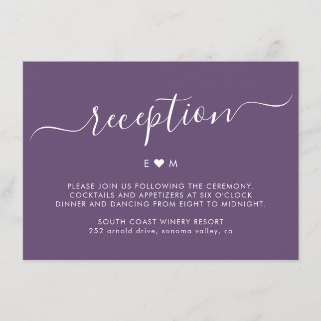 Elegant Script Monogram Purple Wedding Reception Enclosure Card (Front)