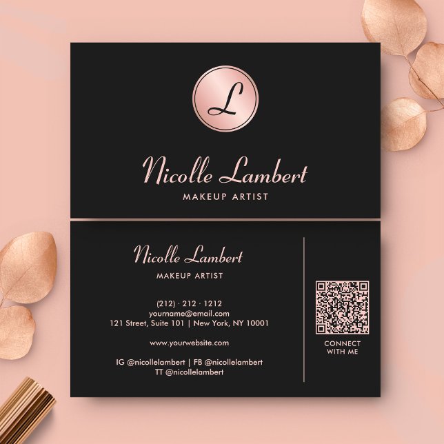 Elegant Script Monogram QR Code Rose Gold Black Business Card (Creator Uploaded)