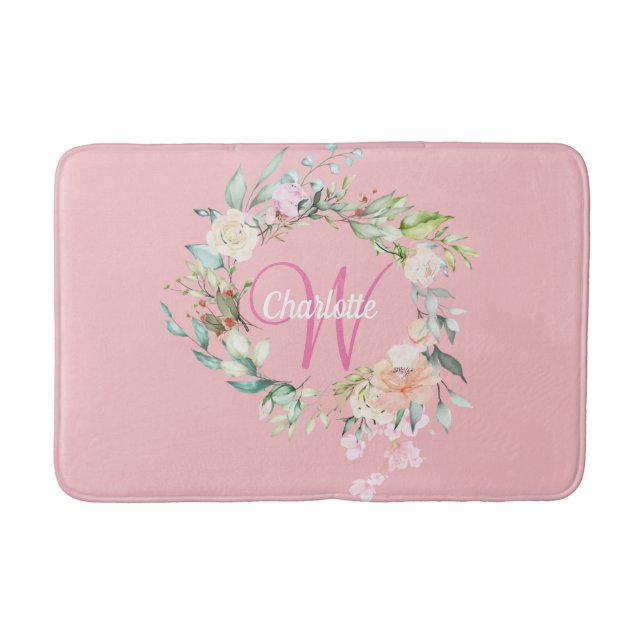 Elegant Script Monogram Roses Floral Girly Pink Bath Mat (Front)