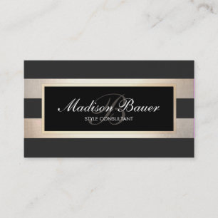 Elegant Script Monogram Striped Black Faux Gold Business Card