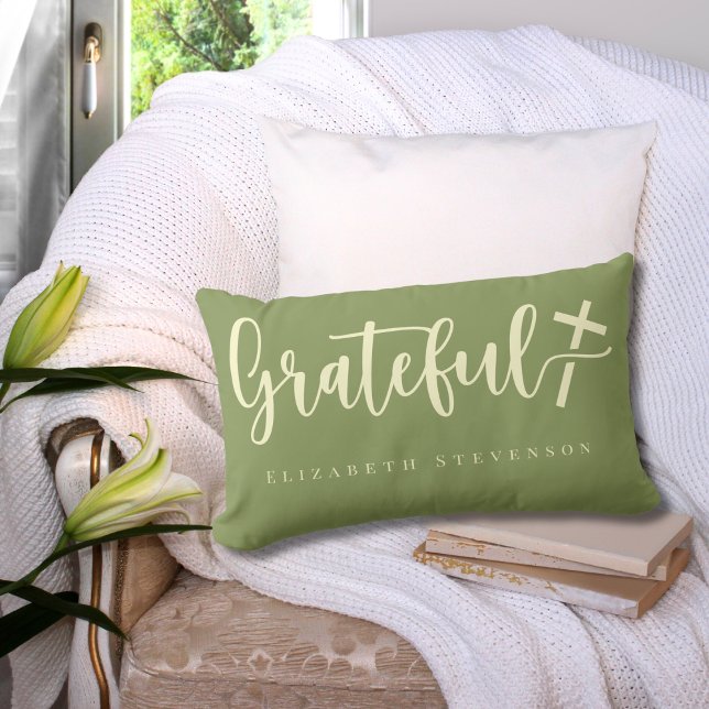 Elegant Script Moss Green Cream Grateful Lumbar Cushion (Creator Uploaded)
