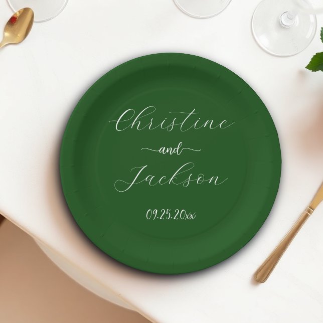 Elegant Script Moss Green Wedding Paper Plate (Creator Uploaded)