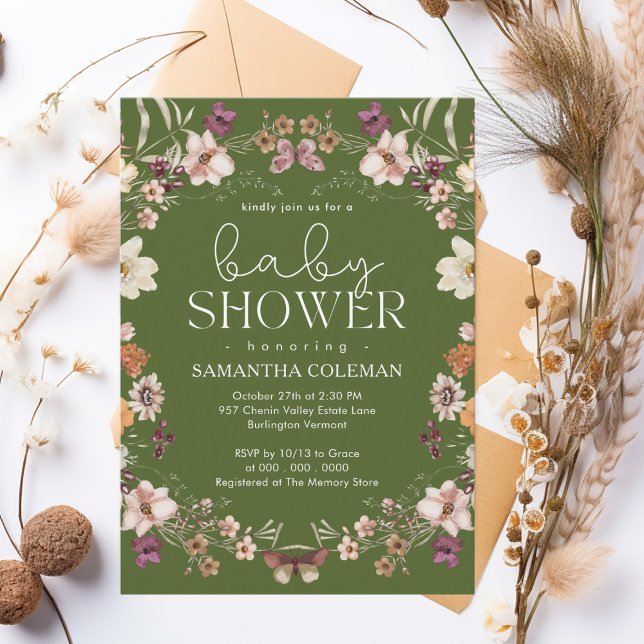 Elegant Script Moss Green Wildflower Baby Shower Invitation (Creator Uploaded)
