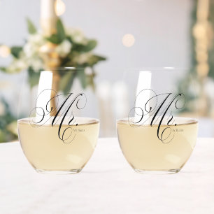 Elegant Script "Mr and Mr" Gay Couple Personalised Stemless Wine Glass