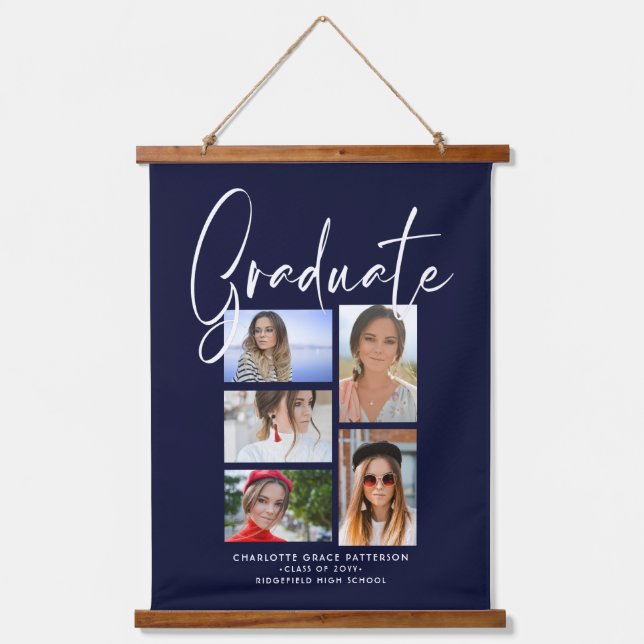Elegant Script Multi Photo Graduation Graduate Han Hanging Tapestry (Front)