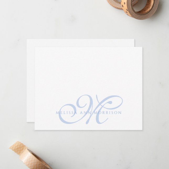Elegant Script Name Blue Monogram Flat Note Card (Front/Back In Situ)