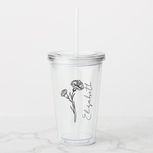 Elegant Script Name Carnation January Birth Flower Acrylic Tumbler (Front)