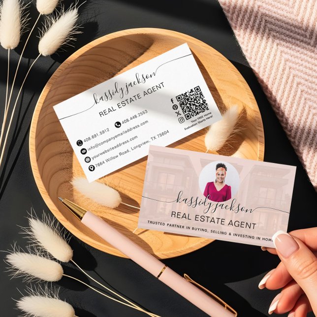 Elegant Script Name Circle Business Photo QR Code Business Card (Elegant Script Name Circle Business Photo QR Code Business Card)